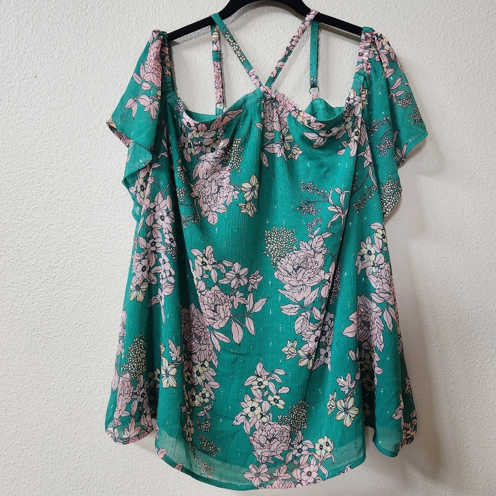 Torrid Green Floral Crinkle Chiffon Off Shoulder Halter Top Blouse 2X